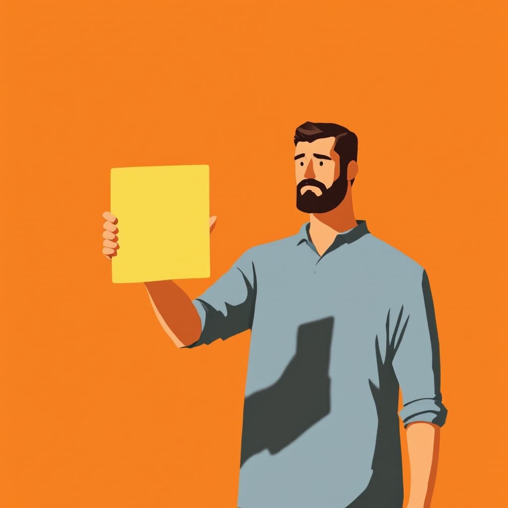 AI generated: A Man holding up a Yellow Card with shadow on an orange background, in a retro vintage style, a simp...