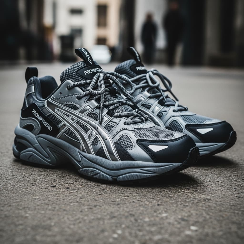AI generated: High-fashion sneakers in the style of Gel NYC, designed for urban streetwear. “PromptHero” logo prin...