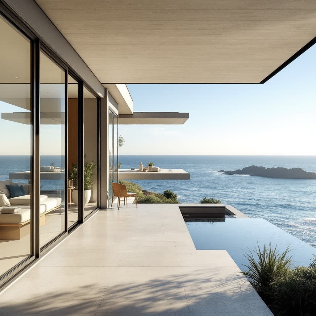 AI generated: Hyper realistic eye level exterior photo of a mid century modern style house overlooking the ocean, ...