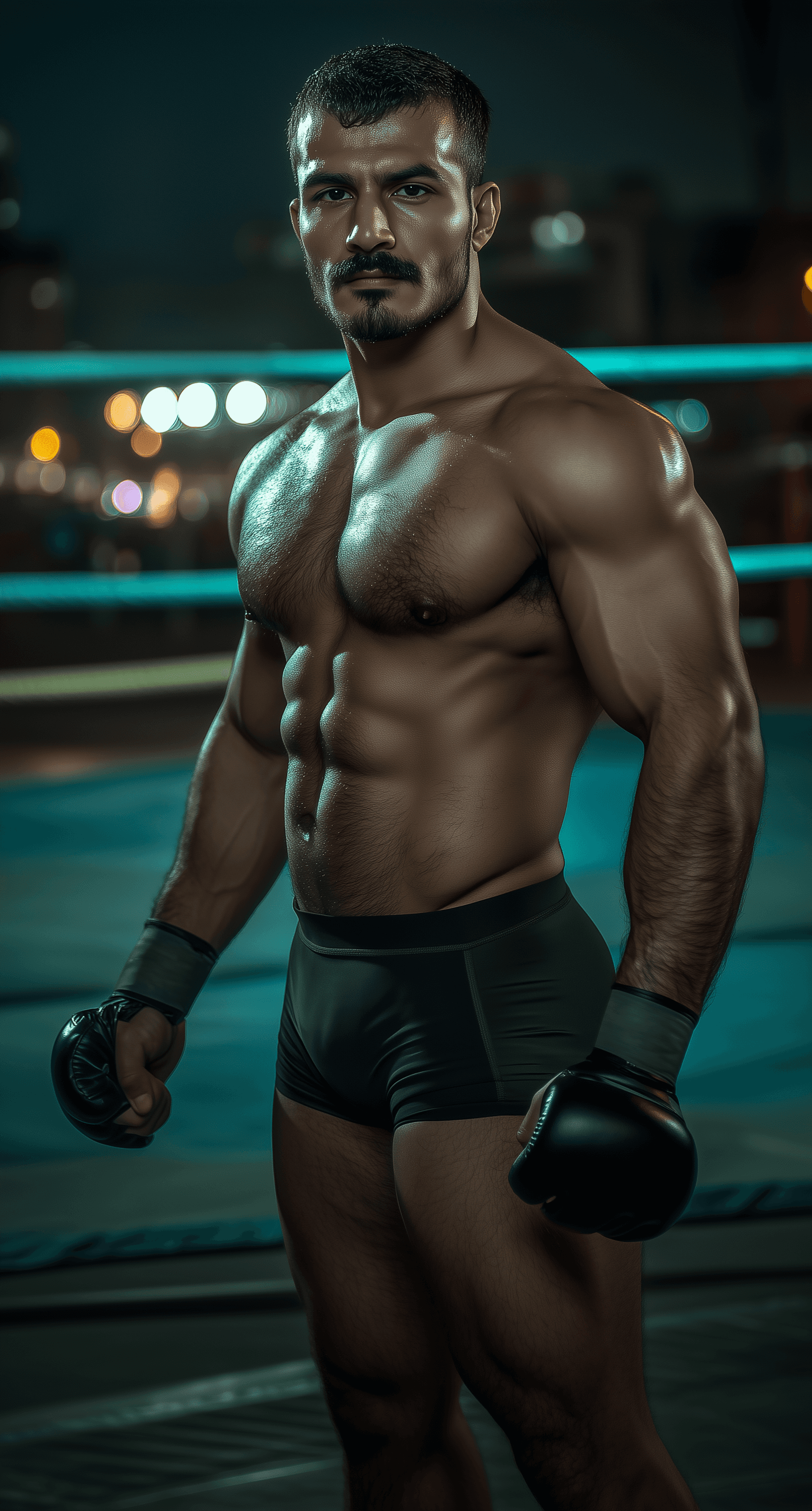AI generated: full body shot of a light-skinned, middle-eastern male wrestler with short black hair, abs fit, a th...