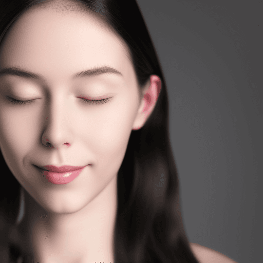 AI generated: Editorial style photo, medium closeup shot, off - center, a young, brunette woman, eyes closed, smil...
