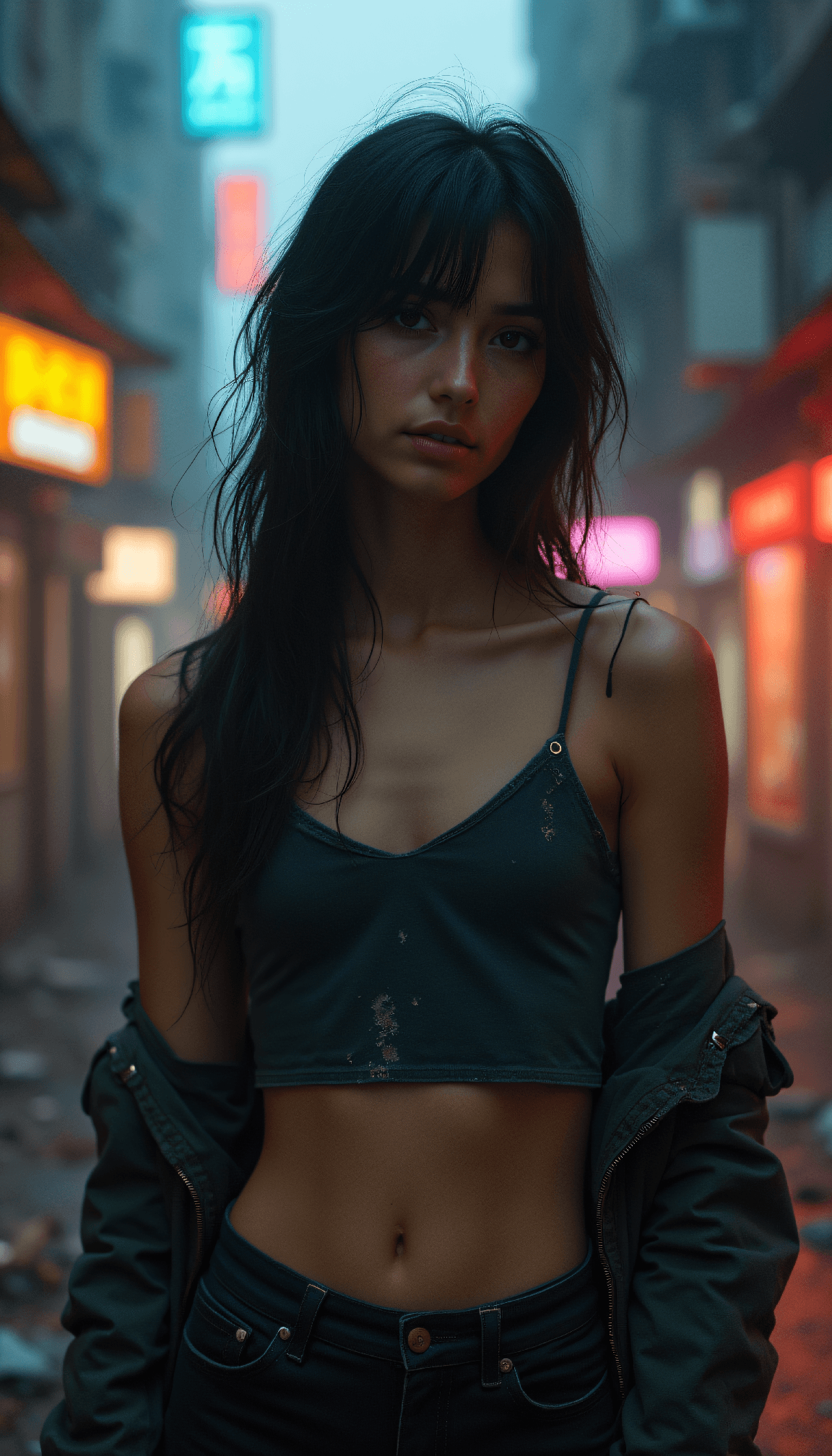 AI generated: Half body portrait of a young woman with tattered clothing wit a clearly visible flat, toned belly a...