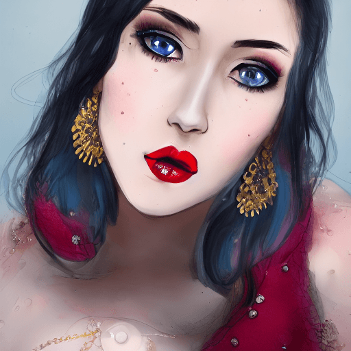AI generated: 8k,2girl,solo,black hair,makeup,earrings,mole under eye,blush,jewelry,long hair,lipstick,red lips,ey...