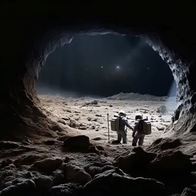 AI generated video: Two astronauts walk out of a moon cave. 