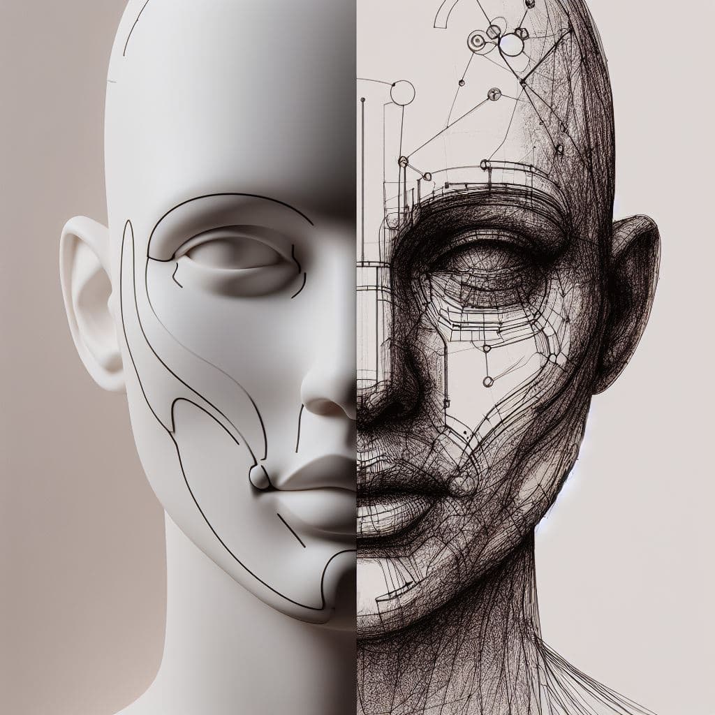 AI generated: "A realistic split photographic Human Head computerized image with a real intricate detailed drawing...