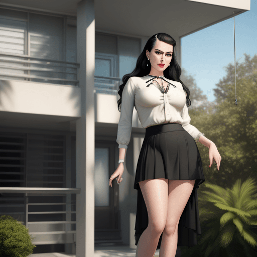 AI generated: Hyper realistic eye level exterior photo of a mid century modern style beautiful shemale with an ere...