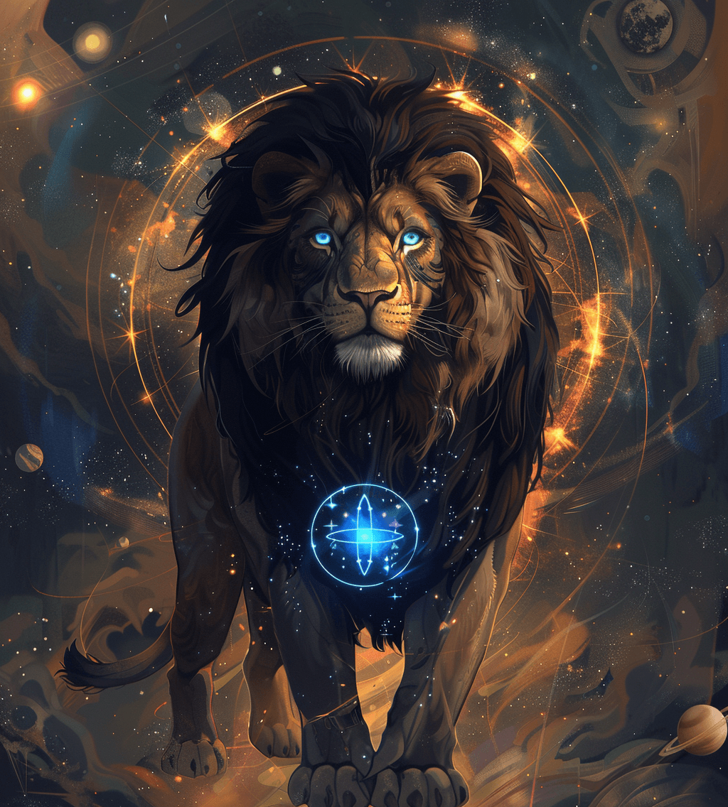 AI generated: A lion with blue eyes standing in front of an aura circle, surrounded by planets and stars, with dar...