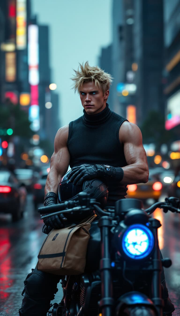 AI generated: A photorealistic, documentary-style candid shot of a rugged young man with spiky blonde hair and pie...