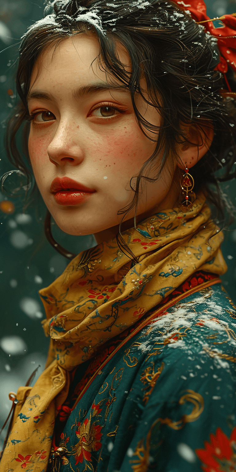 AI generated: chinese girl with dragons, in the style of anime aesthetic, dark emerald and light amber, snow scene...