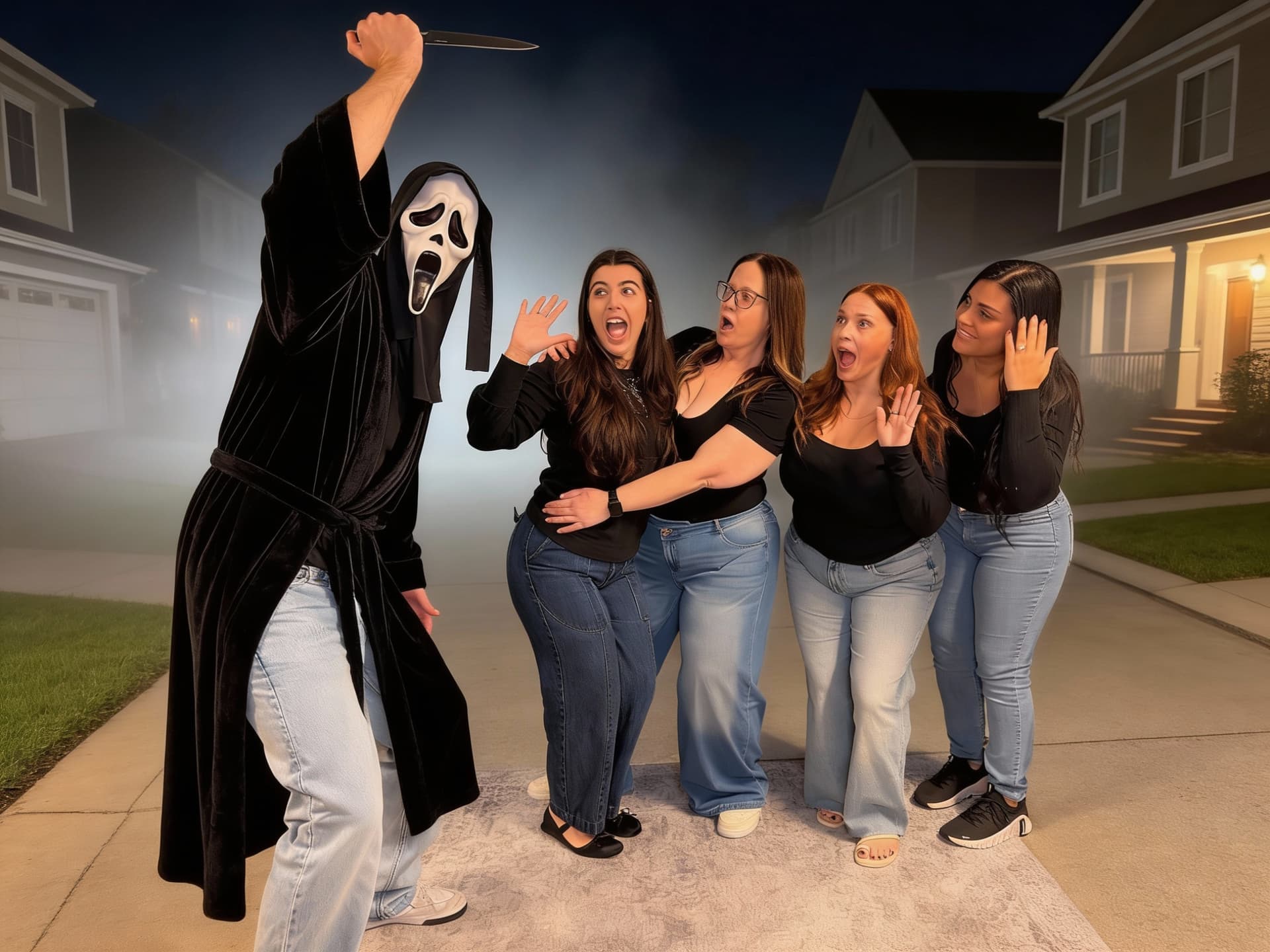 AI generated: make background a foggy neighborhood in at night, put a black robe on the guy with a mask
