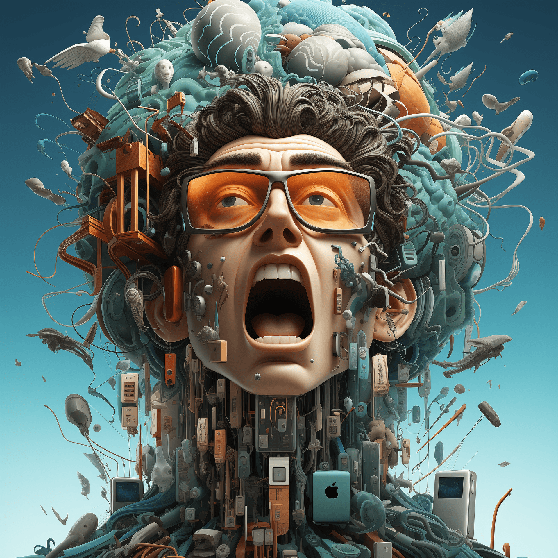 AI generated: man with a Futuristic iPhone fused to his brain, full body Blender 3D art, intense, shocking, psycho...