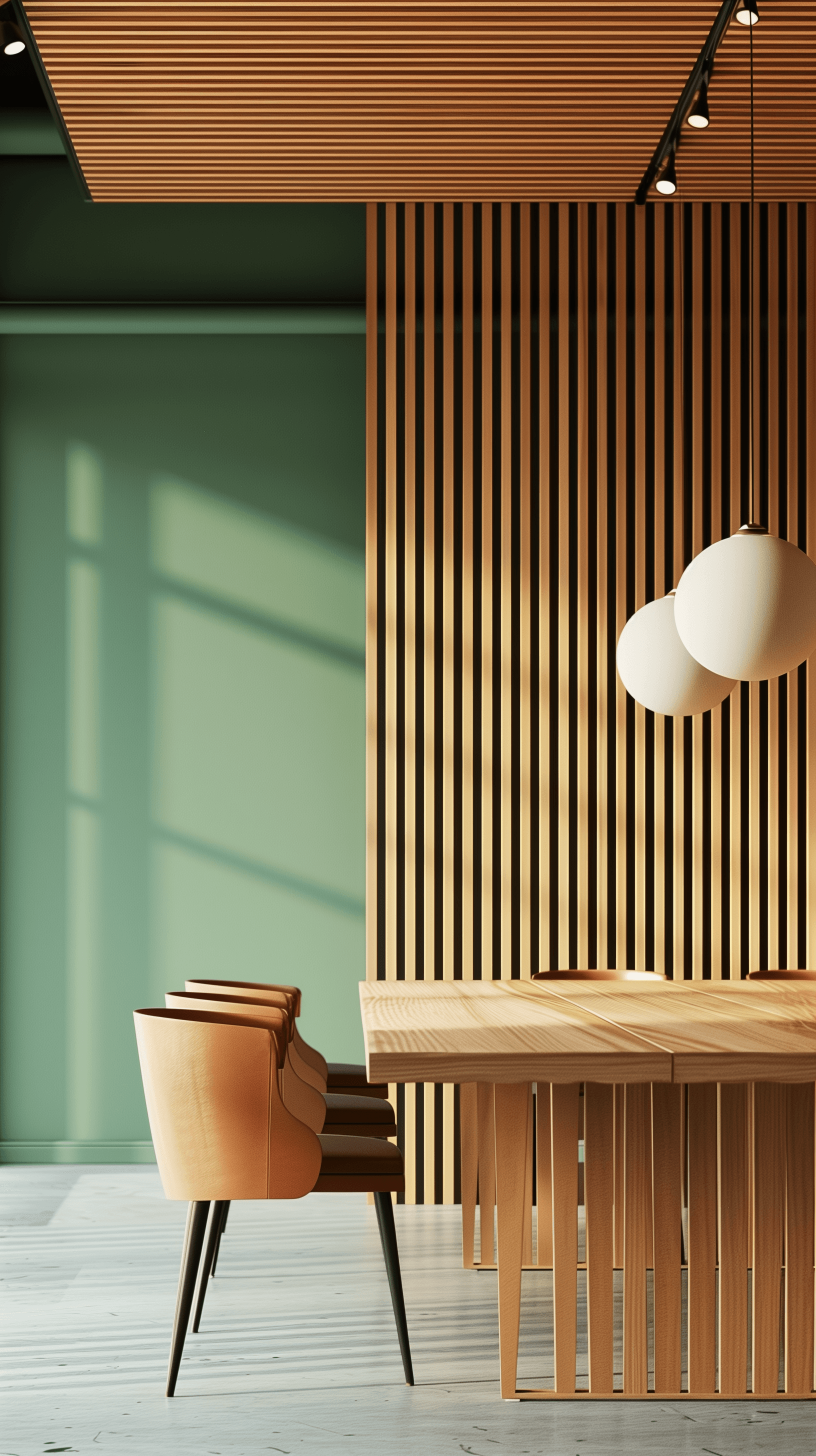 AI generated: photorealism, modern minimalist office meeting room interior featuring sleek wooden furniture set ag...