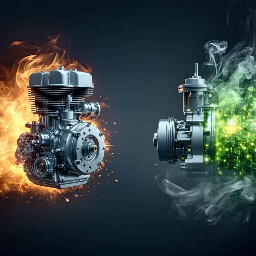 AI generated: Uma ilustração comparativa de dois tipos de motores. À esquerda, um motor a combustão com seus eleme...