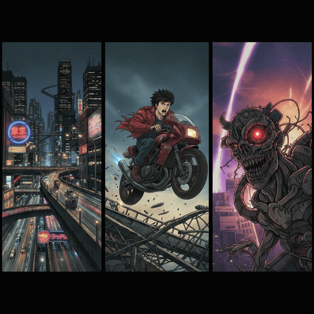 AI generated: Create aesthetic anime screengrab frames in the style of Akira, directed by Katsuhiro Otomo, capturi...