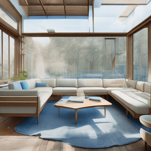 AI generated: High resolution photography interior design, dreamy sunken living room conversation pit, wooden floo...