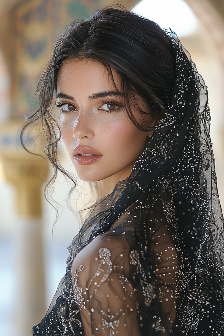 AI generated: Breathtakingly beautiful Middle Eastern woman in flowing black traditional clothing with no gold, ad...