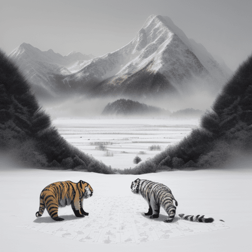 AI generated: /imagine prompt: Majestic pandas and tigers engage in a battle on a snowy field, traces of their pow...