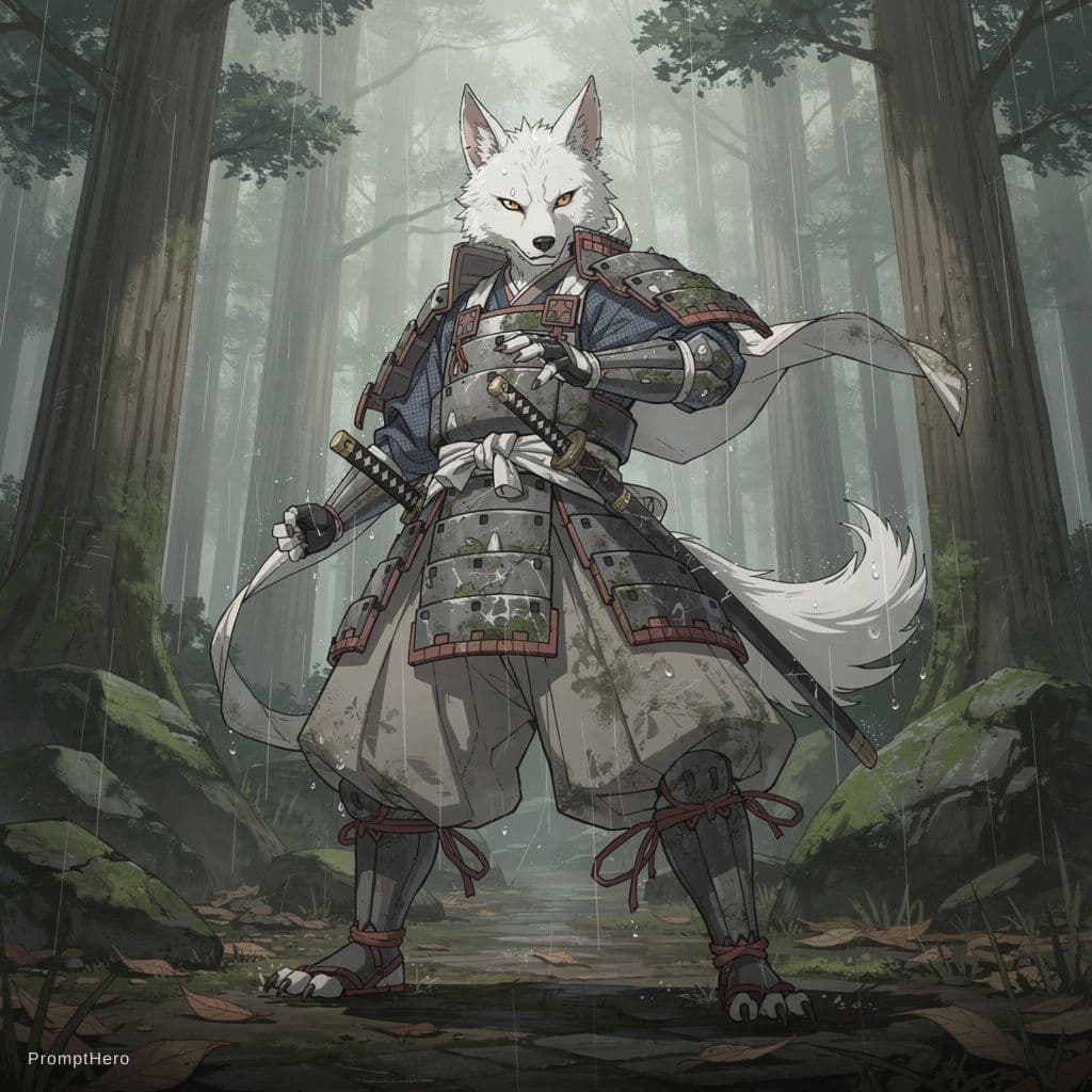 AI generated: A white wolf samurai in a messy wet diaper in a Japanese forest anthropomorphic non photorealistic r...