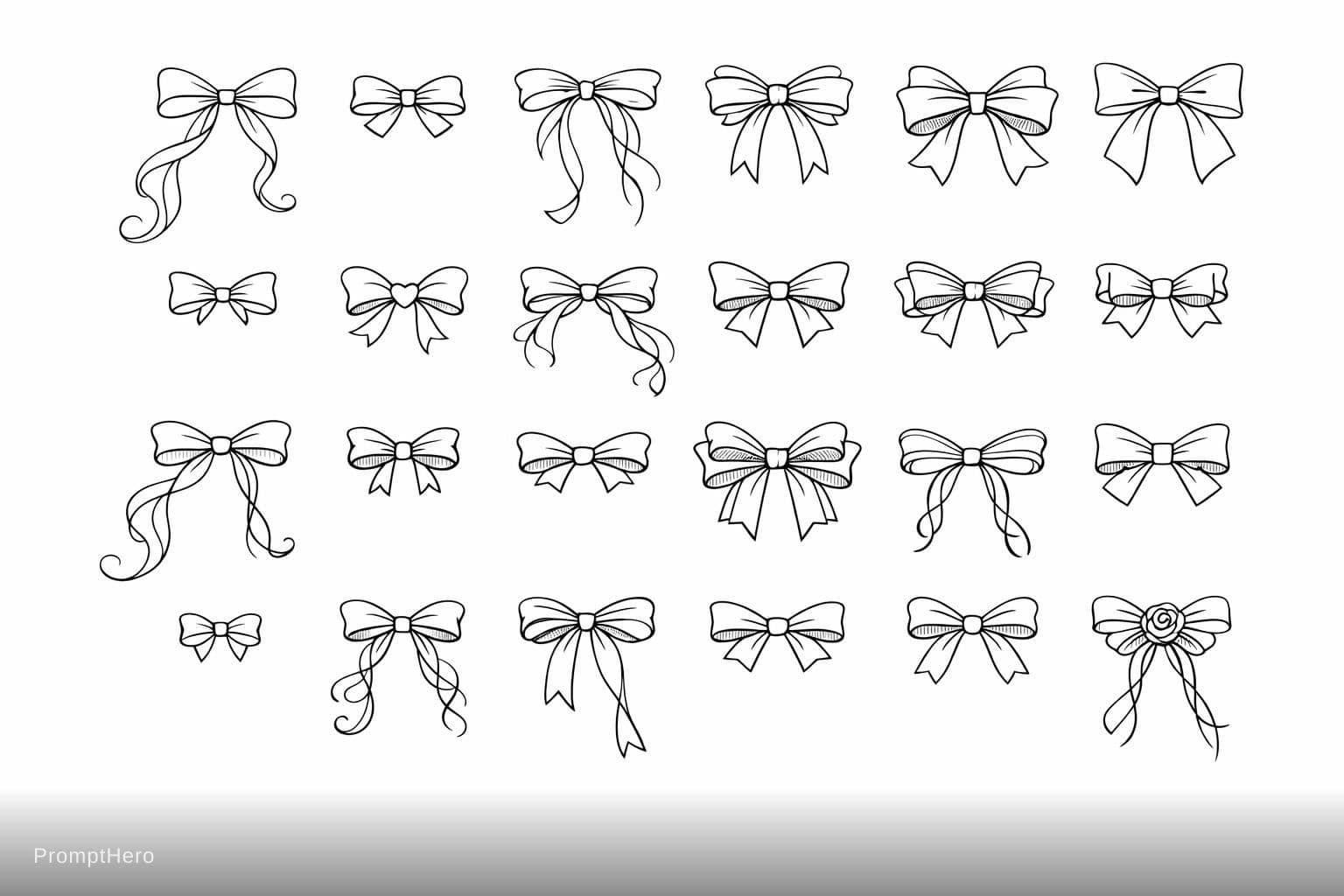 AI generated: collection of 20 elegant ribbon bows, thin black outline line art, mix of long flowing ribbon bows a...