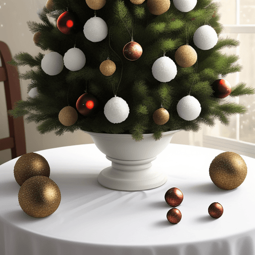 AI generated: Christmas tree balls on table, white bacgroud,  