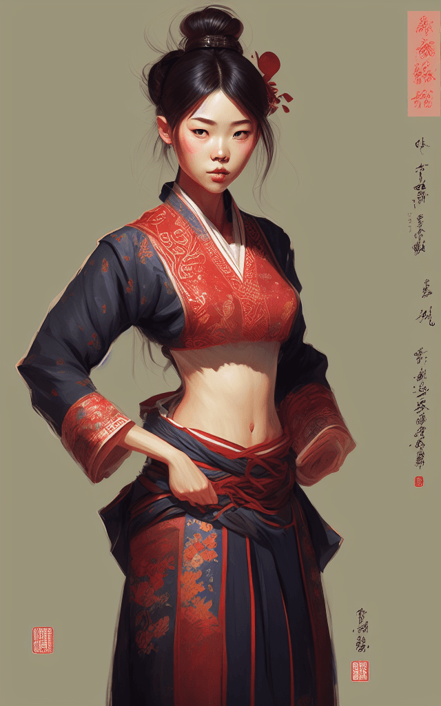 AI generated: Painting of a girl from Taiwanese, fantasy, 25 years old, big chest, big waist. skinny belly, tradit...