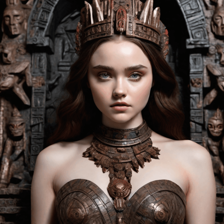 AI generated: White girl in Aztec temple.