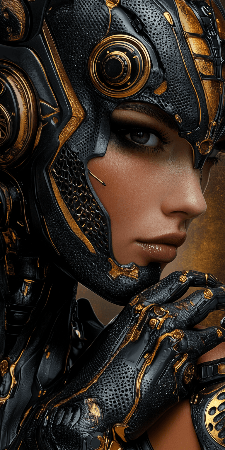 AI generated: A highly stylized close-up portrait of a cybernetic humanoid figure with intricate metallic features...
