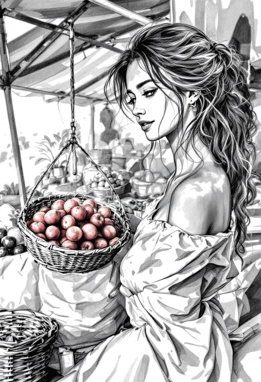 AI generated: Sketch, Beautiful Pencil Line Art, Artistic Brush Strokes, Beautiful, Market Vendor, Beautiful Girl ...