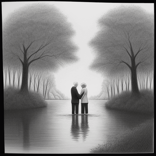 AI generated: Black and white drawing, A big heart and inside  showing an elderly couple looking at each other, be...