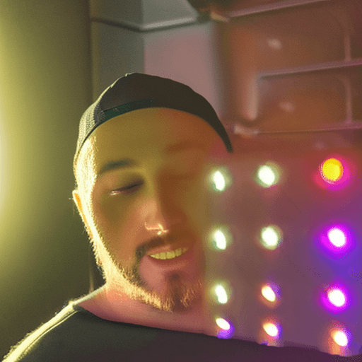 AI generated: A DJ with a beard and glasses wearing a baseball cap and a black T-shirt, headphones, entertainment ...