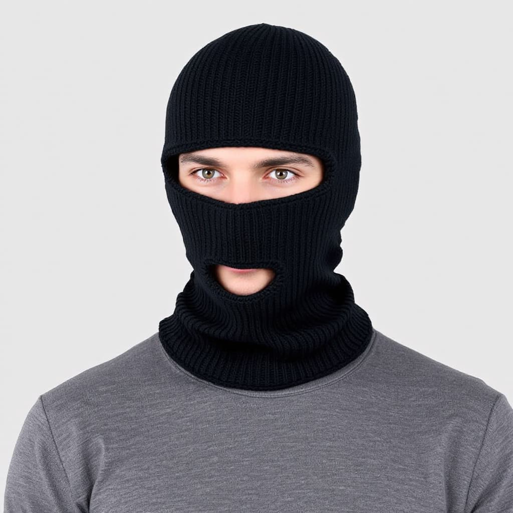 AI generated: A person wearing a black knitted balaclava, covering the head and neck, with openings for the eyes a...