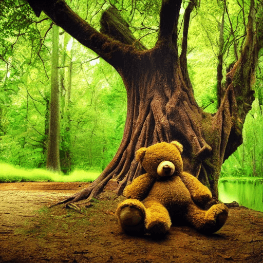 AI generated: huge foliage tree with roots out, teddy bear, forest, dark, fantasy, pond