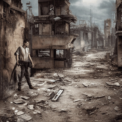 AI generated: High resolution photography, abandon city, Dystopian city, dystopia, human, slave people, war, cybor...
