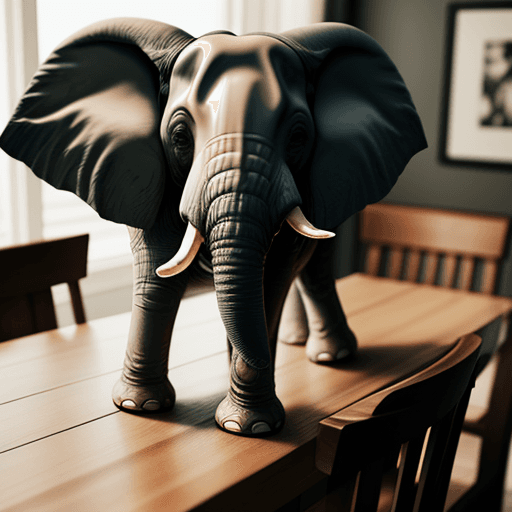 AI generated: Elephant on dining table