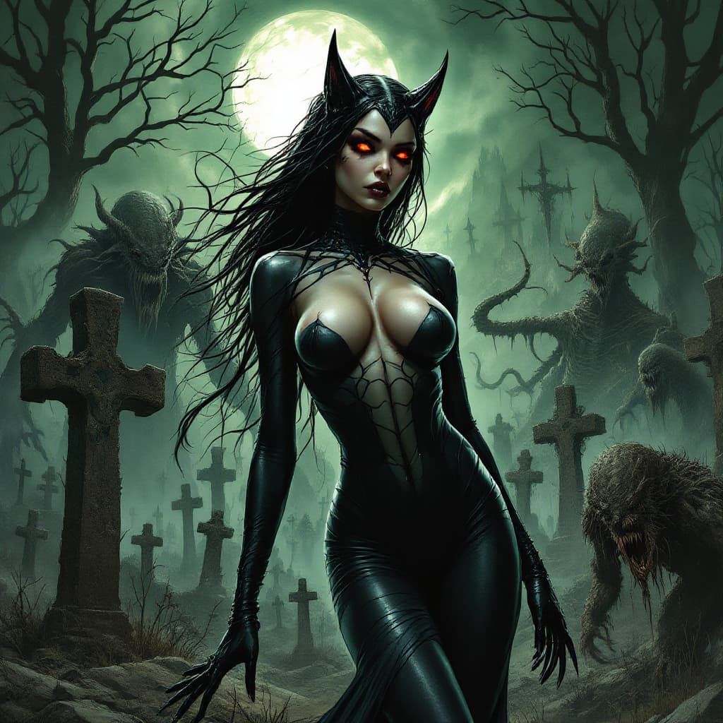 AI generated: Comic book cover H R Giger style illustrations of young beautiful demon woman with catsuit, Cthulhu ...