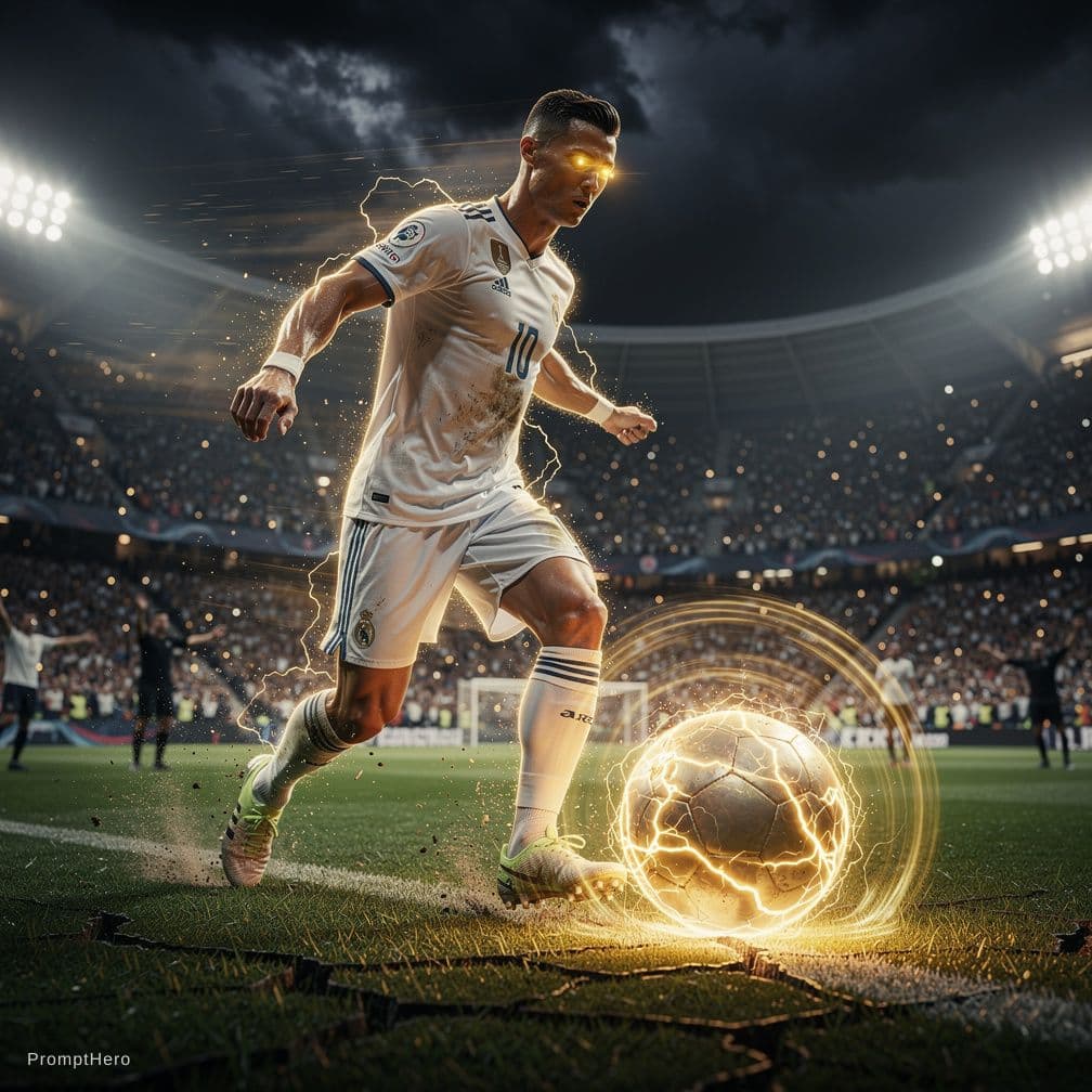 AI generated: A hyper realistic cinematic football stadium during a night match packed crowd bright stadium lights...