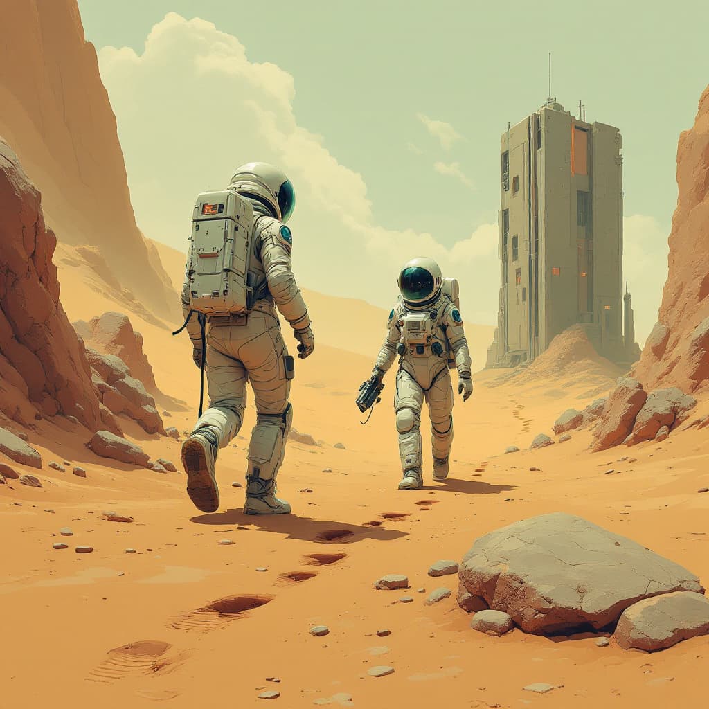 AI generated: Two astronauts walk on the surface of an alien planet, one holding a visualization device, There's a...