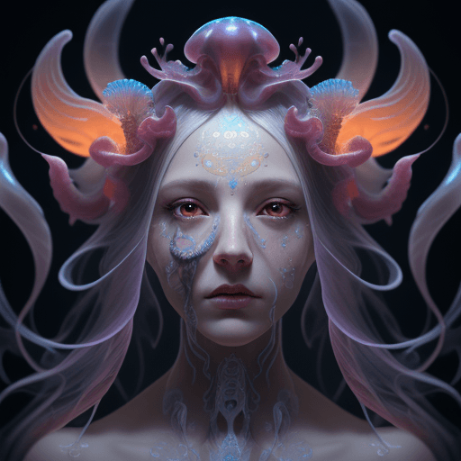 AI generated: Goddess close-up portrait ribcagel. jellyfish phoenix head, nautilus, orchid, skull, betta fish, bio...