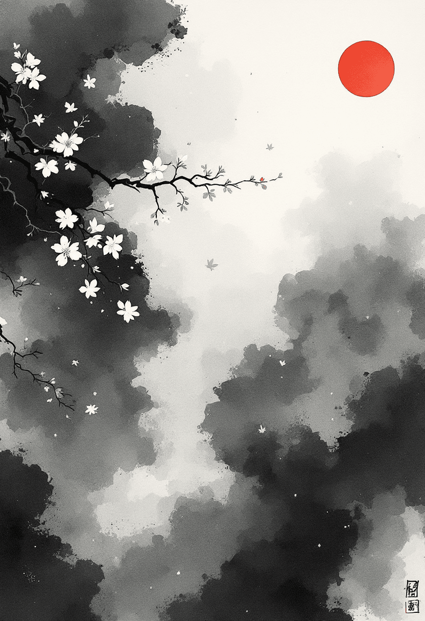 AI generated: Abstract ink wash painting, inspired by a Japanese spring landscape with cherry blossoms, flowing bl...