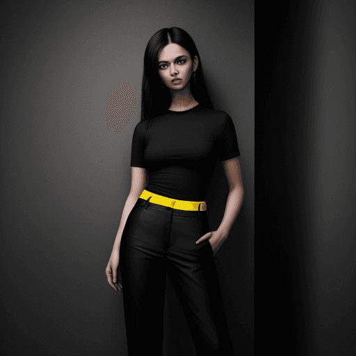 AI generated: The image features a woman wearing a black shirt and yellow pants, standing in a room for fashion ma...