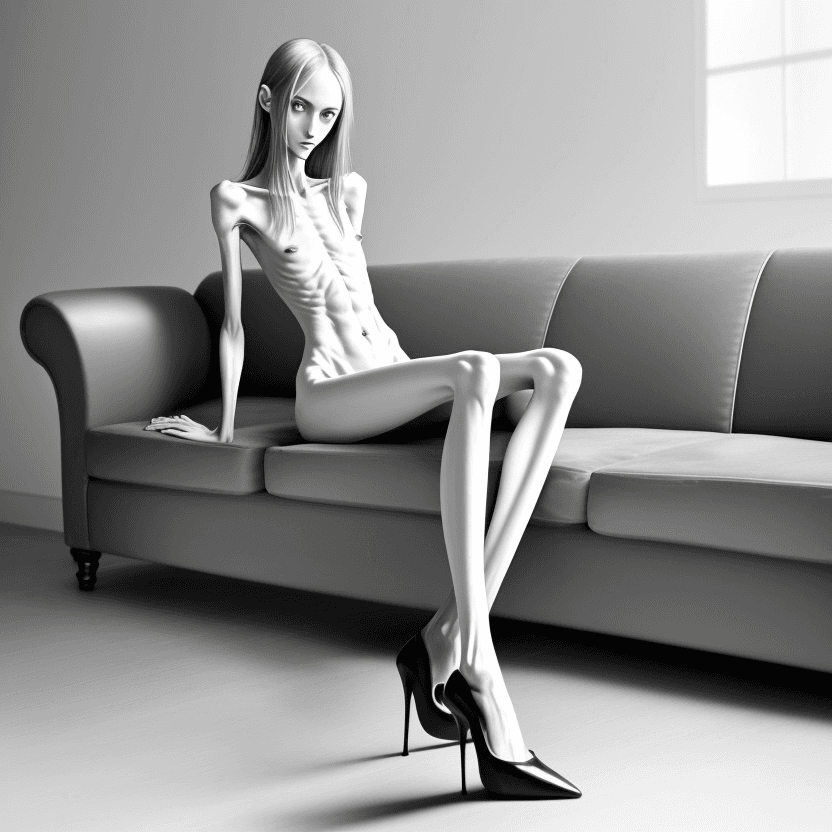 AI generated: naked girl  very skinny anorexic legs with anorexic calves  in high heels, high heels, the tips of t...