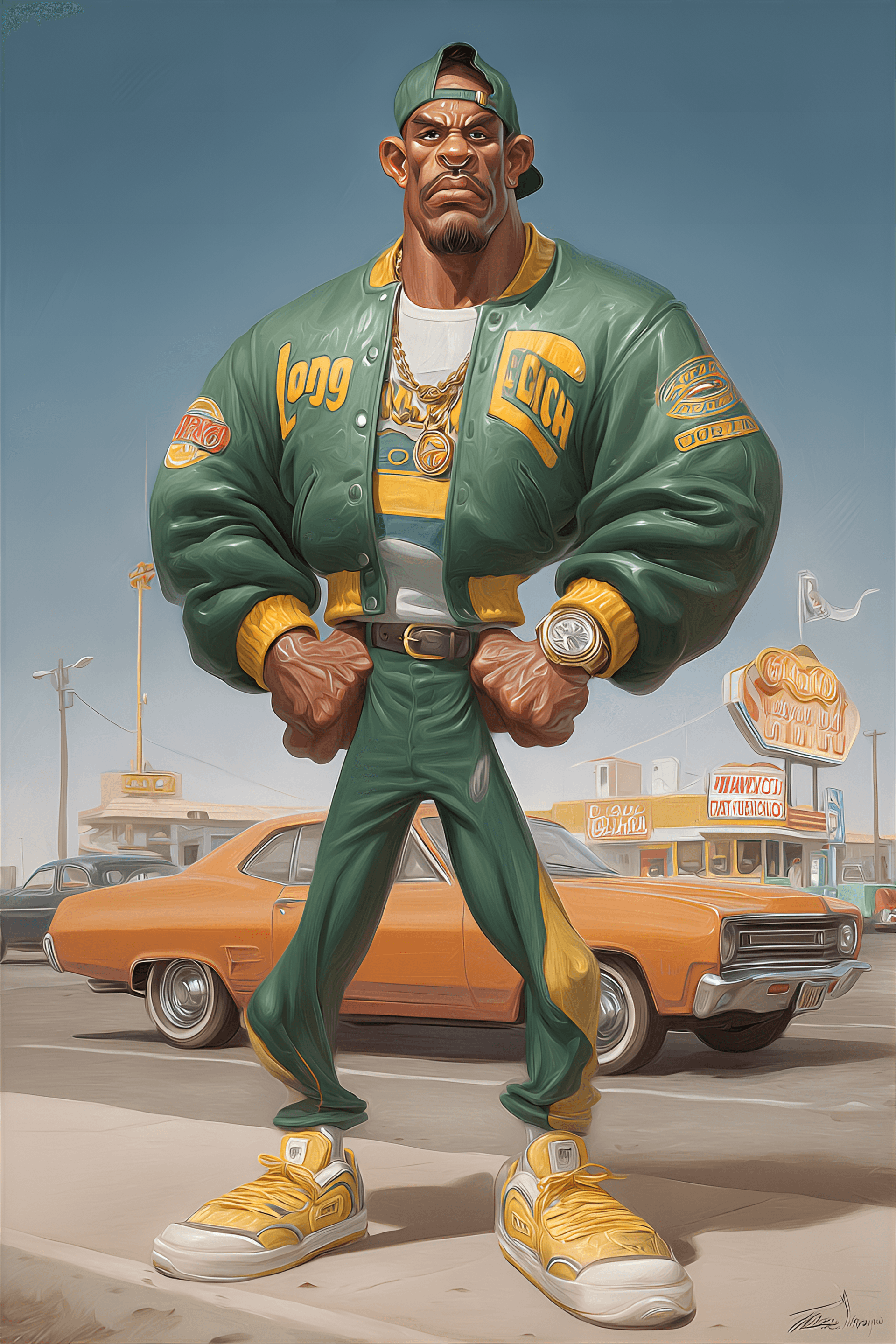 AI generated: funny caricature, exaggerated retro athlete, african american ethnicity, 28 years old, tall, muscula...