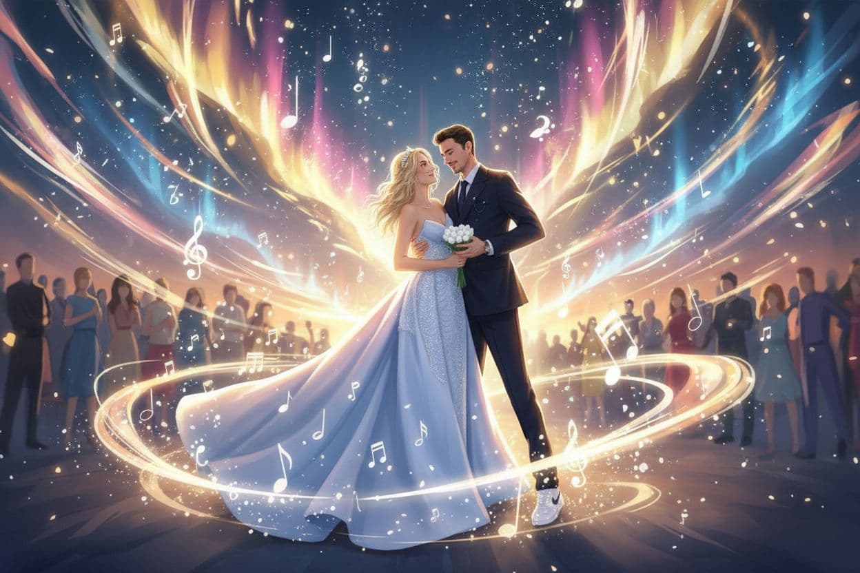 AI generated: Two luminous, animated figures, a bride and groom, dance against a fantastical backdrop of moving li...