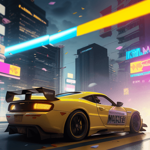 AI generated: bright sunny day beautiful cloudy sky sunset sports car racing down cyberpunk Miami city streets neo...