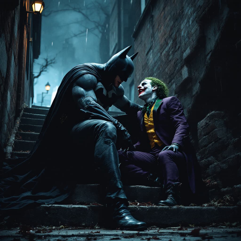 AI generated: High resolution photography for batman killing joker , at stairy night in the background 