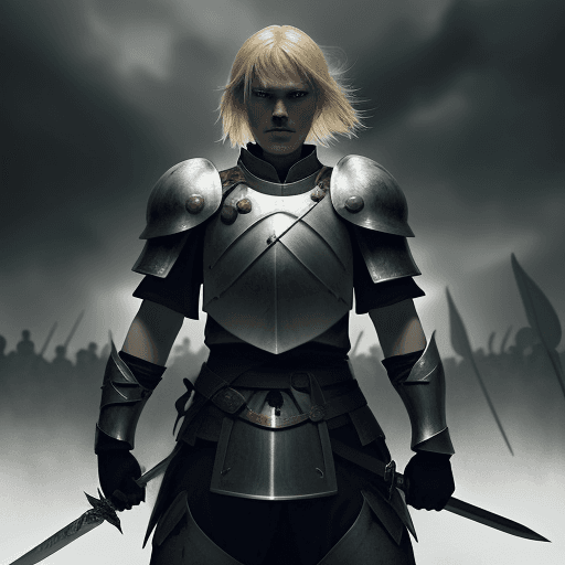 AI generated: A blonde-haired warrior with only a sword and shield in the middle of the battlefield with many demo...
