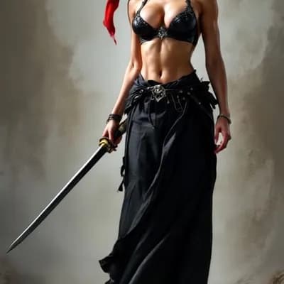 AI generated video: the woman takes the sword in both hands and raises it above her head in a guard position. barefoot, ...