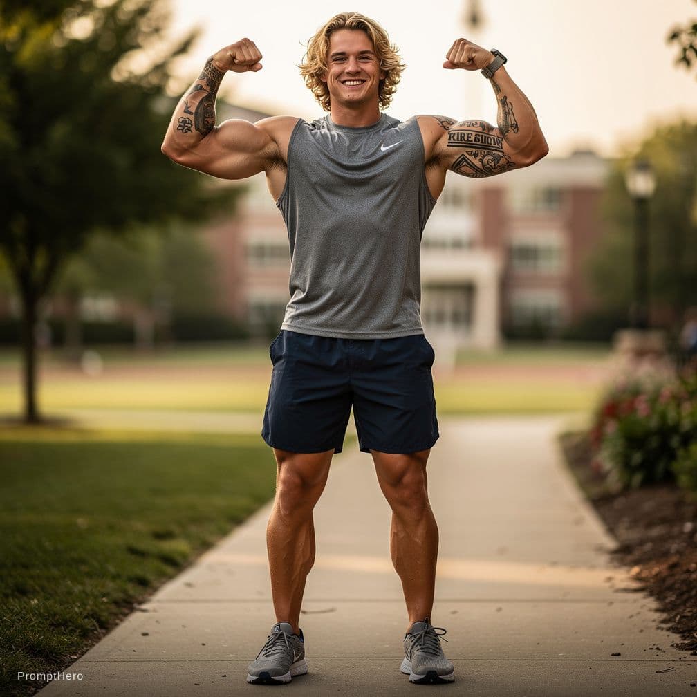 AI generated: Sexy young nude College sports jock, chiseled jaw, round face, crooked smile, curly blonde shoulder ...