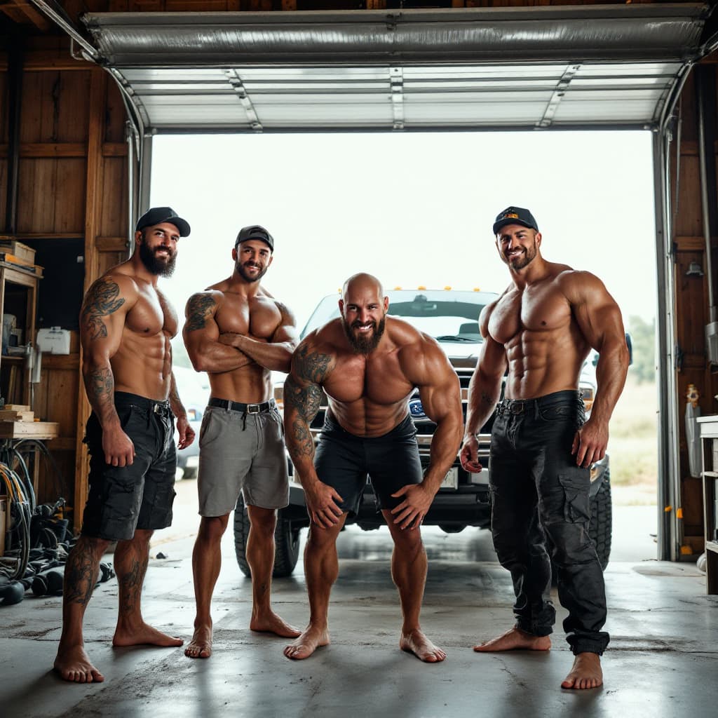AI generated: Flexing and Comparing muscles In the garage, Full body image big bare feet, 5 hot sexy shirtless man...