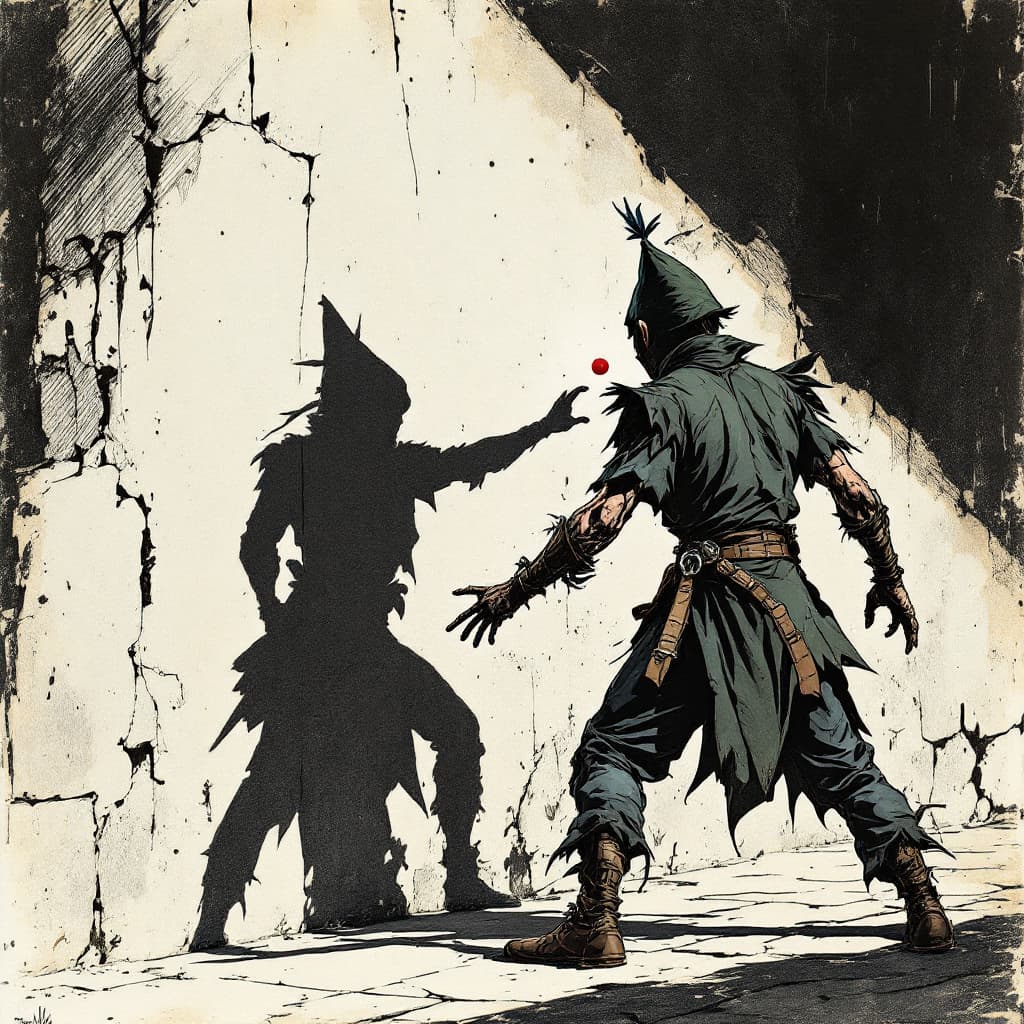 AI generated: Photorealistic comic book cover illustration, full body shot of peter pan fencing with his shadow ag...